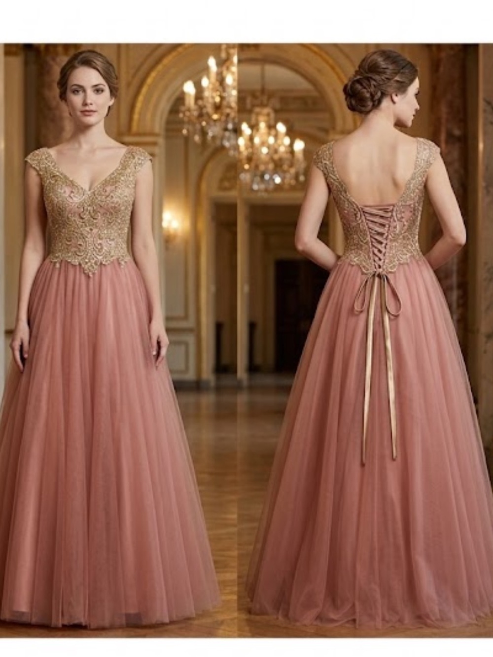Mon Cheri corset back fit and flare formal gown